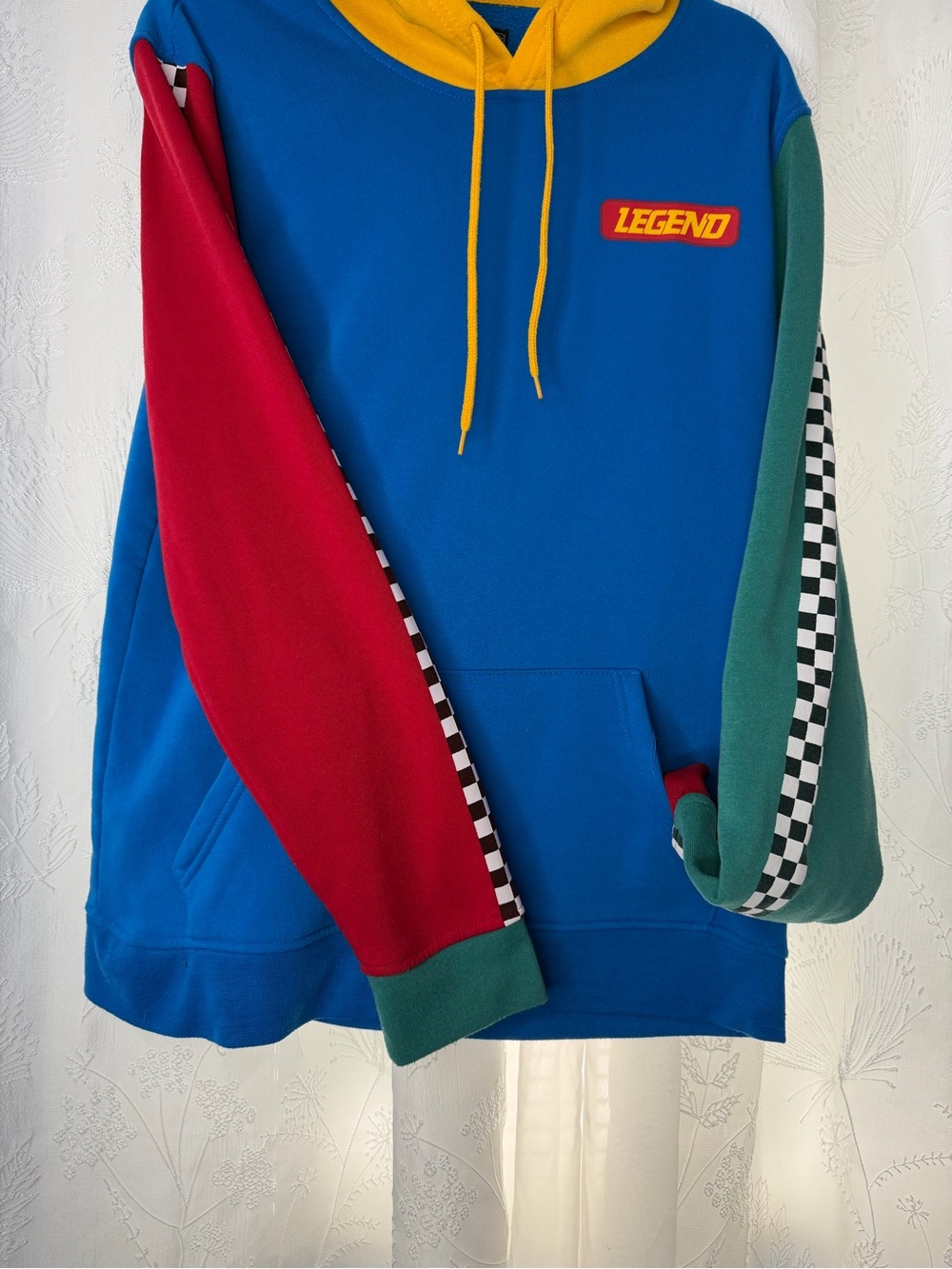 Brooklyn Cloth Blue Hoodie with Red & Green Sleeves and Yellow Hood